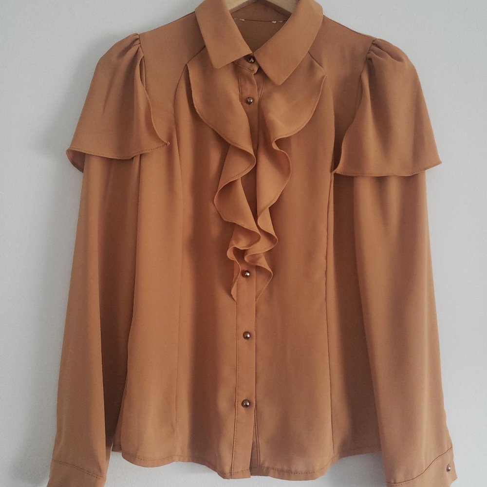 Women's Tan Colored Tulip Long Sleeve Button Up